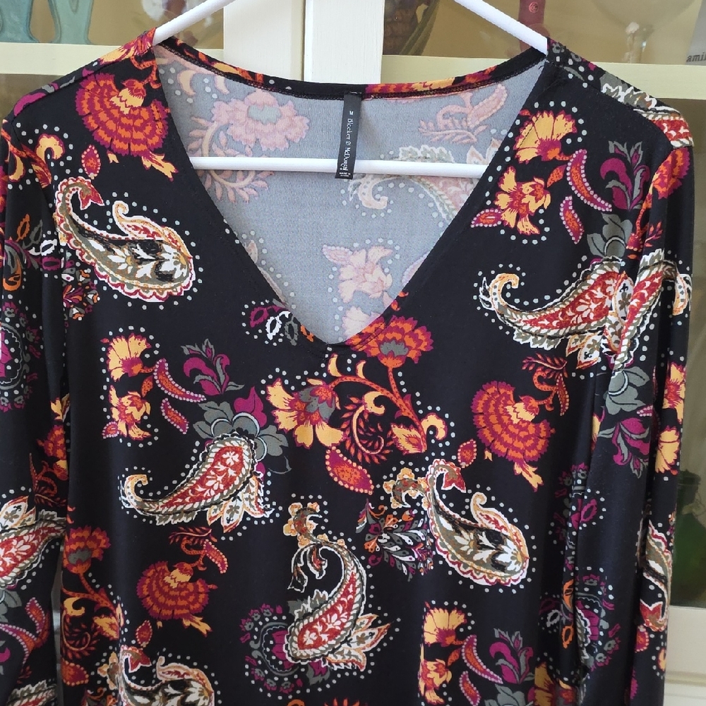 Black Paisley V-Neck Tunic with Pink & Orange Floral Print